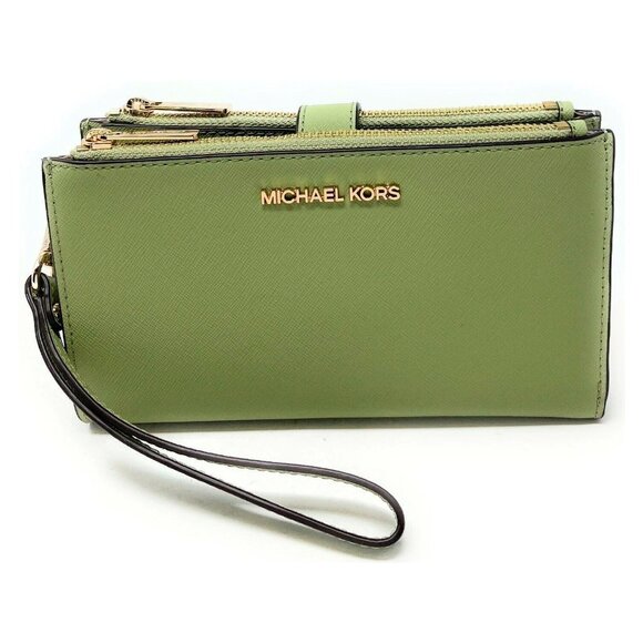 S Michael Kors Jet Set Travel Double-Zip Wristlet Army Green Leather Sage NWT F - Picture 1 of 7